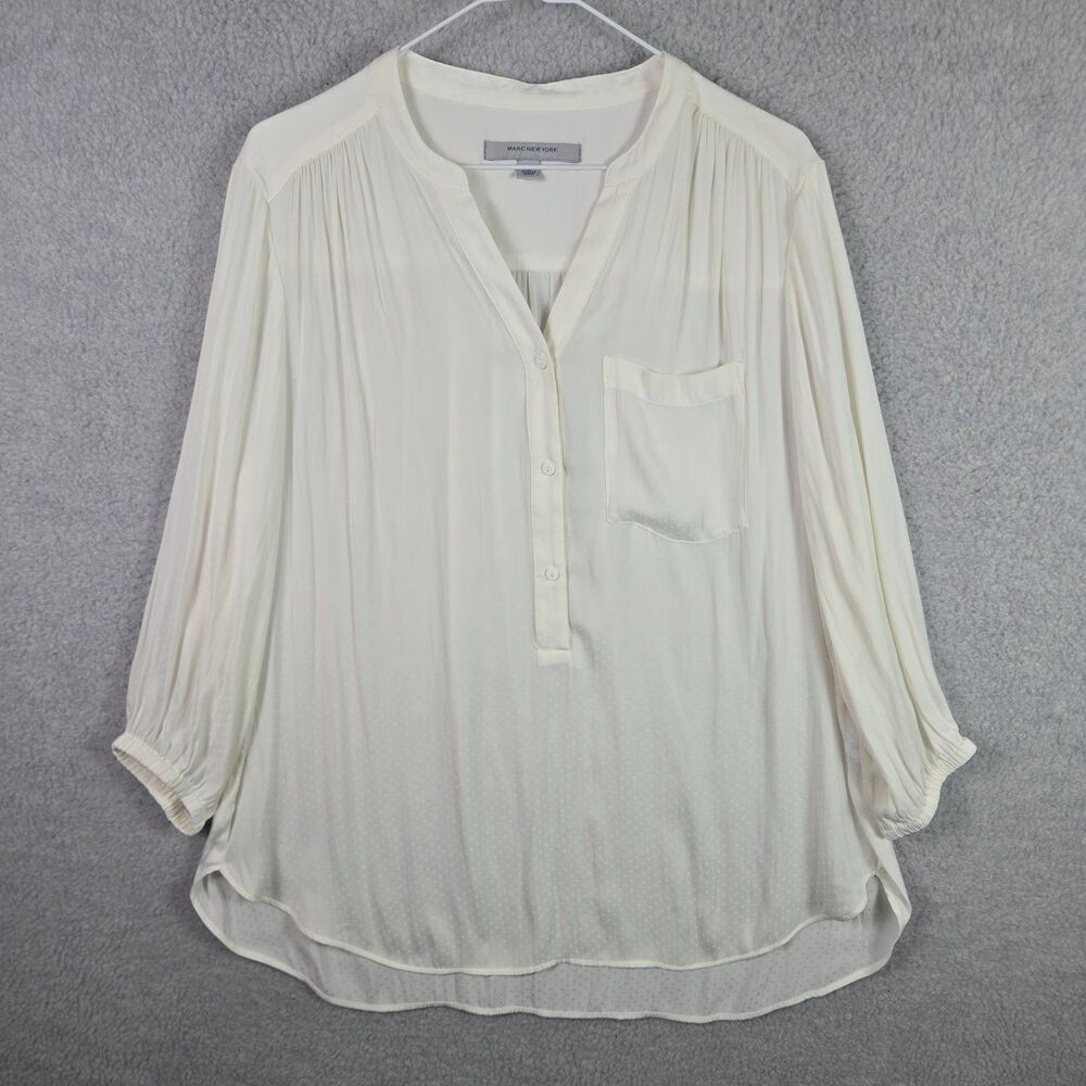 Marc New York Andrew Marc Blouse Top Womens XL White Henley Pleated Pocket